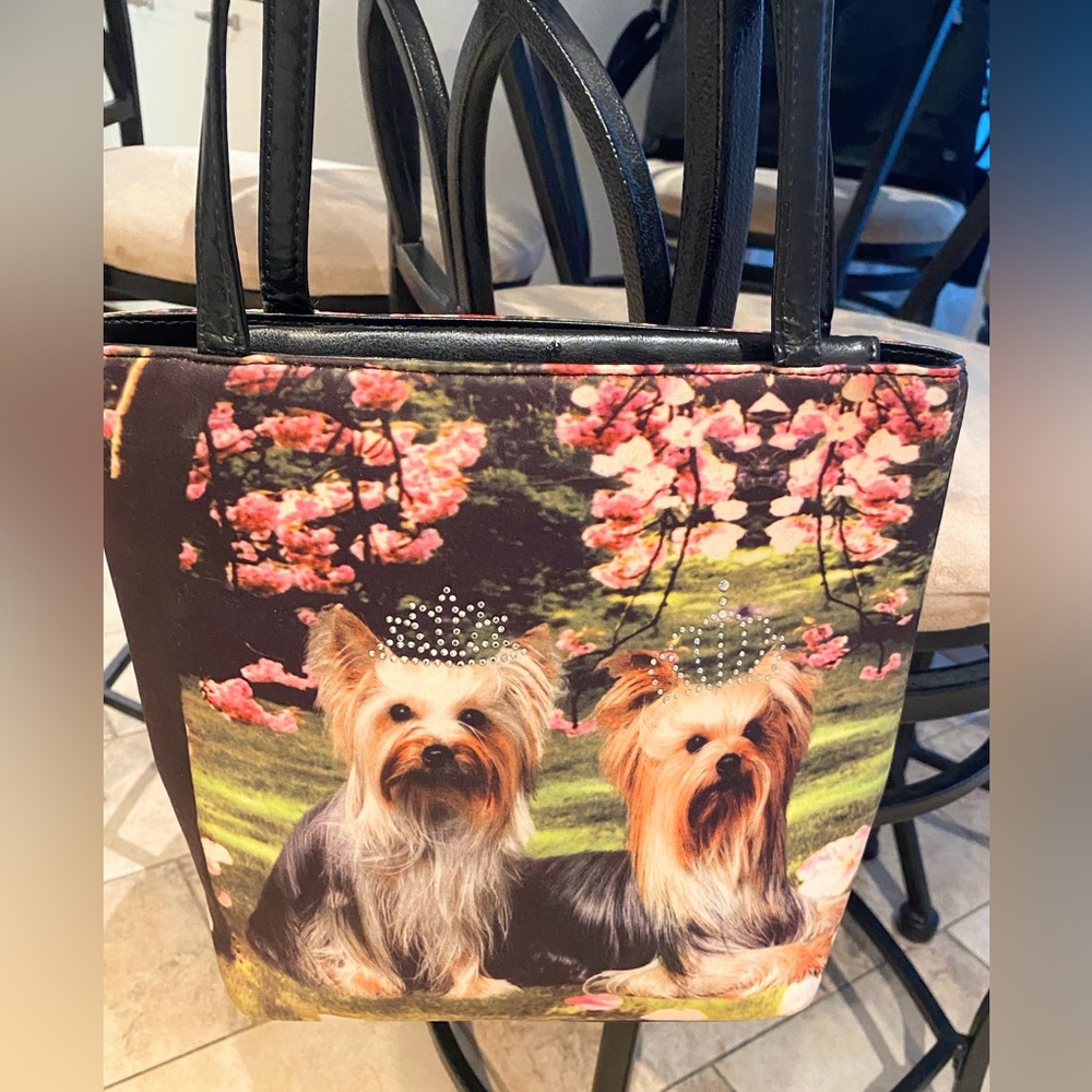 Yorkshire Terrier Print Bag Purse with Rhinestone Crowns - Black Handles